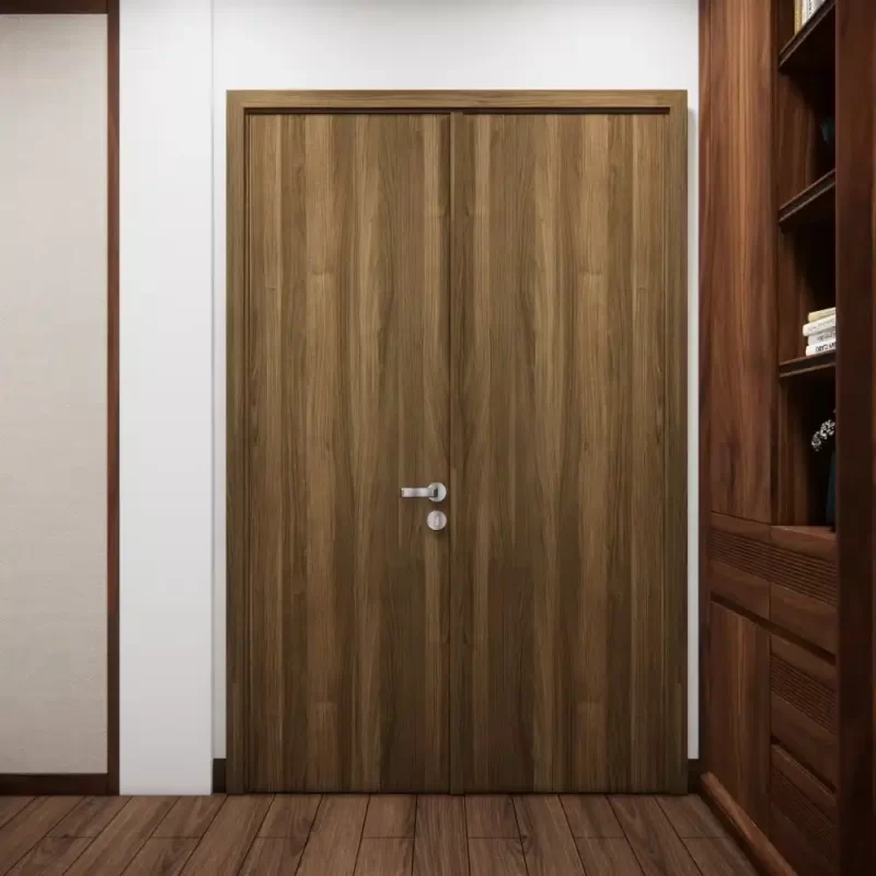 Hai mặt cánh cửa chống cháy hoàn thiện veneer trong công trình thực tế