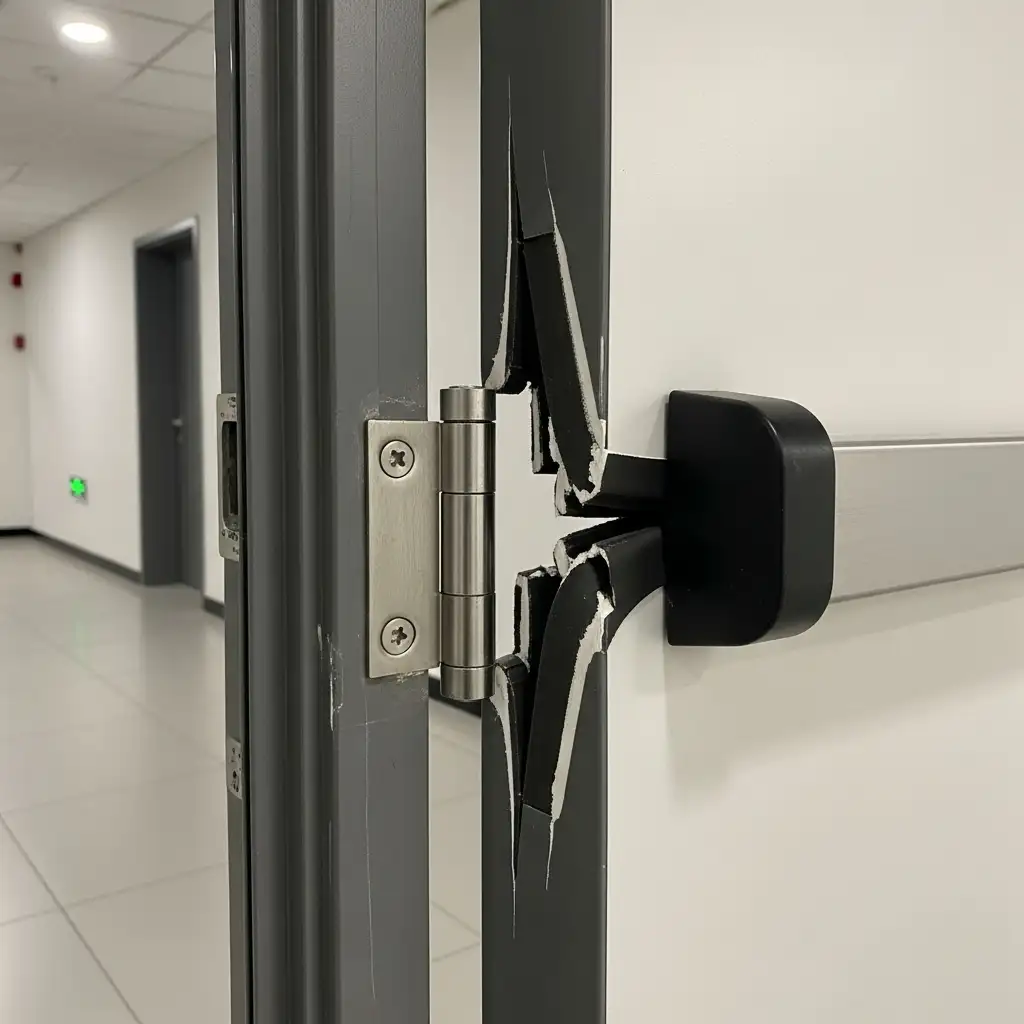 Hình ảnh sai sót khi cắt đứt đoạn ron chống cháy tại vị trí bản lề cửa thép PCCC