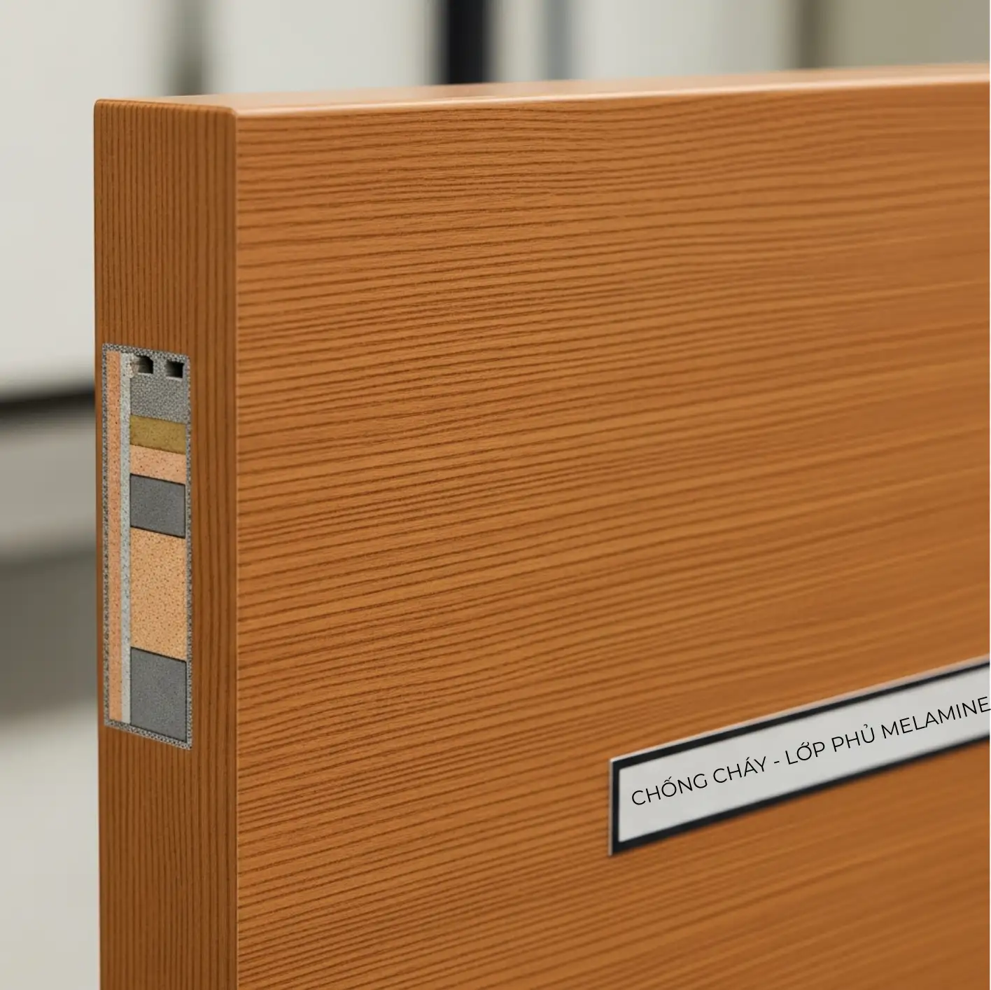 Melamine là vật liệu phủ cửa chống cháy dùng cho bề mặt cánh cửa