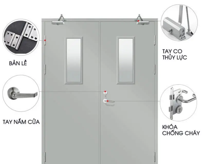 Phụ kiện cửa chống cháy gồm bản lề inox và khóa fire rated