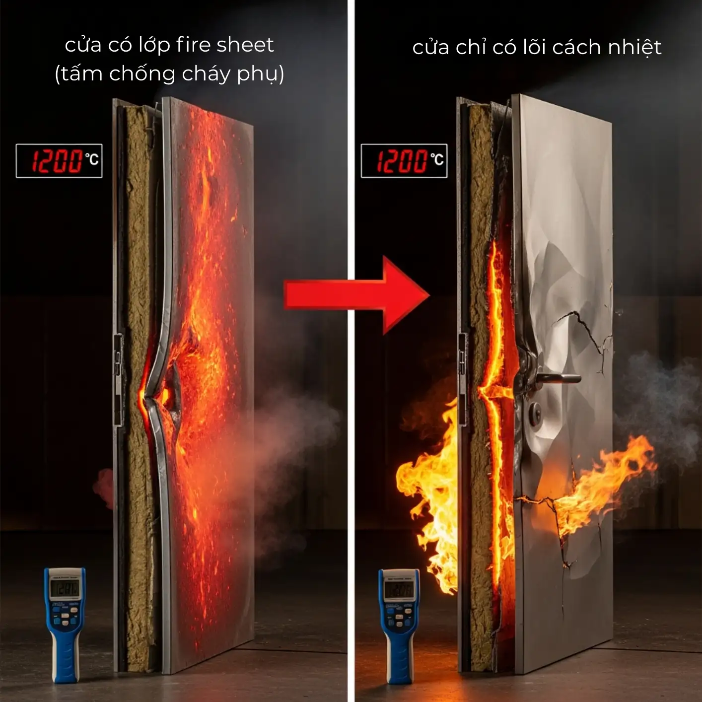 So sánh khả năng chịu lửa giữa cửa có lớp fire sheet (tấm chống cháy phụ) và cửa chỉ có lõi cách nhiệt