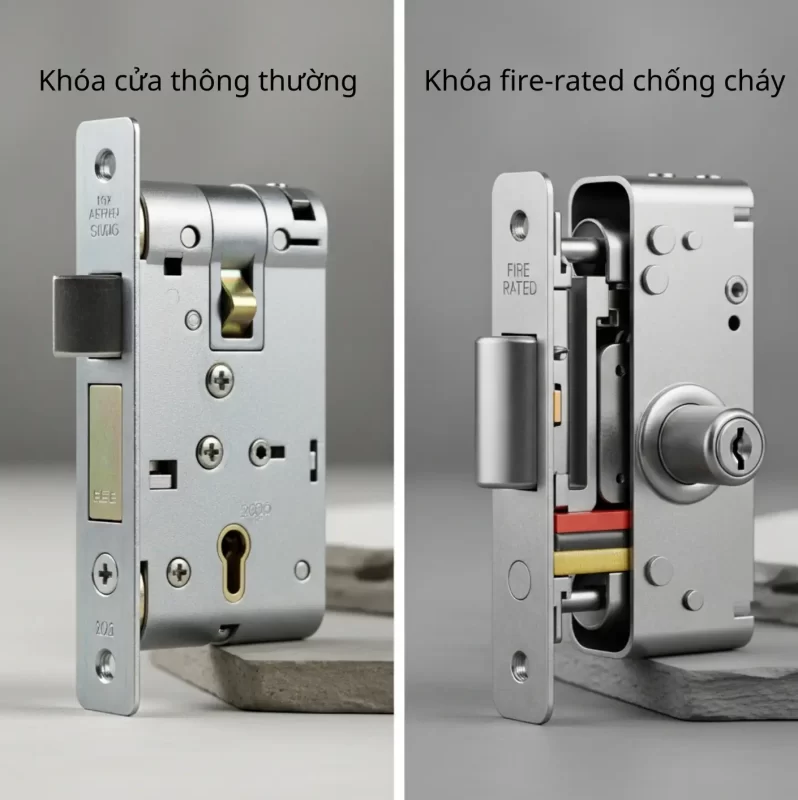 So sánh ngoại hình và cấu tạo giữa khóa cửa thông thường với khóa fire-rated chống cháy