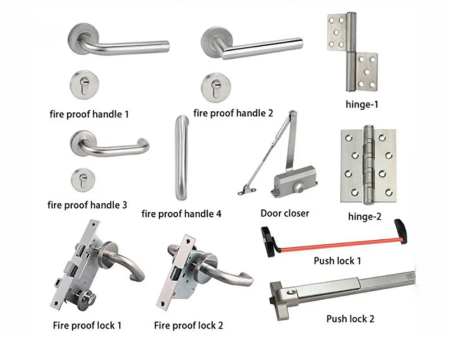 Trọn bộ phụ kiện chống cháy đồng bộ đạt tiêu chuẩn PCCC bao gồm bản lề tay co và khóa