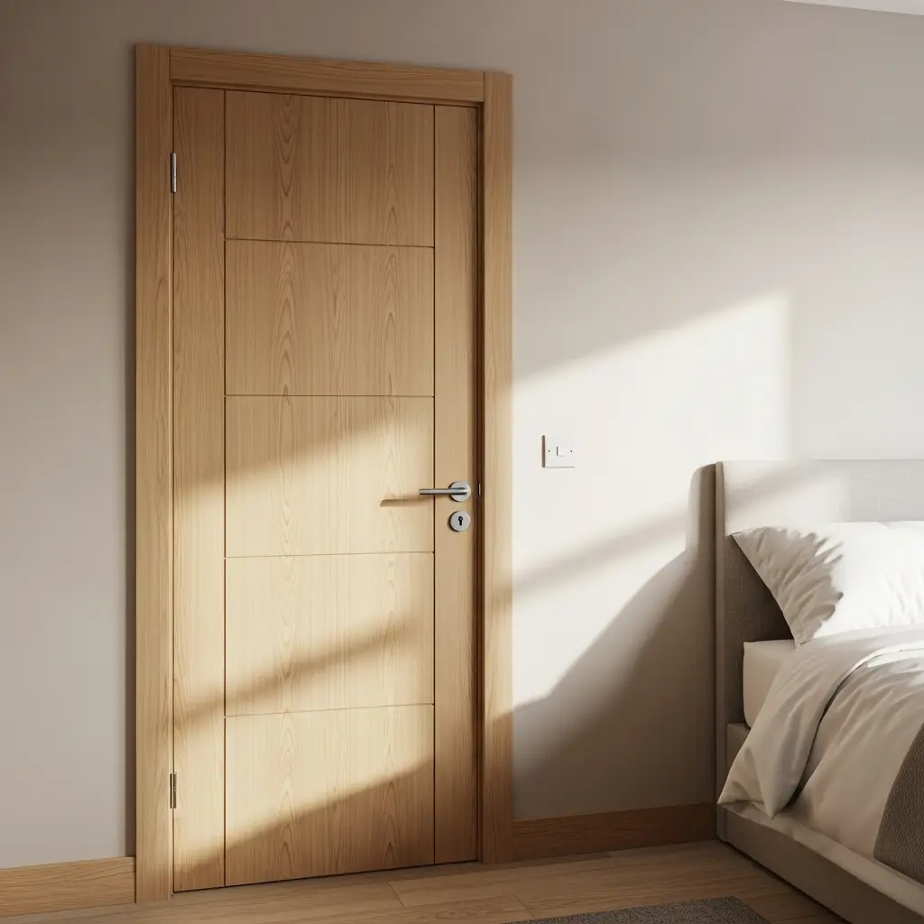 Cửa composite phòng ngủ màu vân gỗ sáng trong không gian nhà dân Bình Định