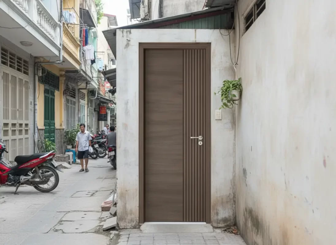 Cửa gỗ công nghiệp chống cháy lắp đặt trong nhà ống hẻm nhỏ Sài Gòn