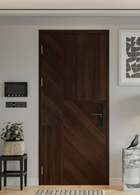 Ảnh tổng thể một bộ cửa gỗ công nghiệp chống cháy hoàn thiện tại căn hộ chung cư cao cấp.