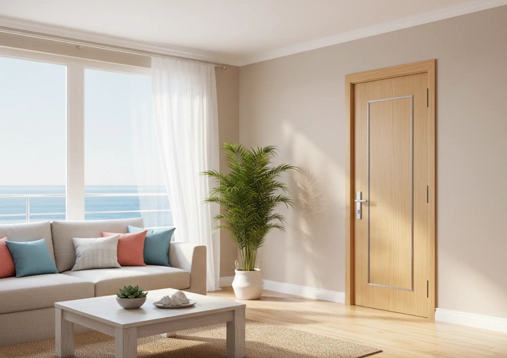 Mẫu cửa nhựa gỗ composite ShopDoor lắp đặt tại căn hộ ven biển Nha Trang.