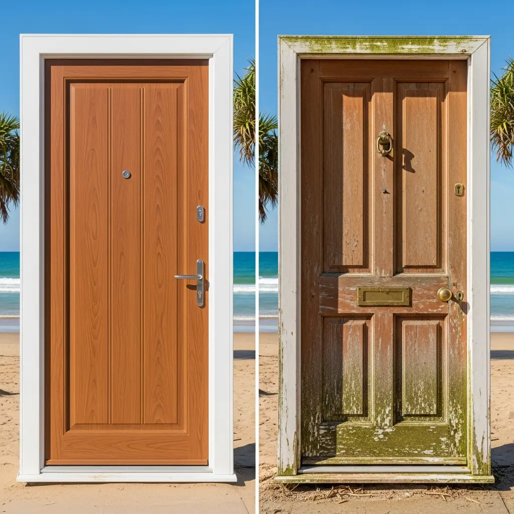 So sánh cửa gỗ truyền thống và cửa composite trong điều kiện khí hậu ven biển