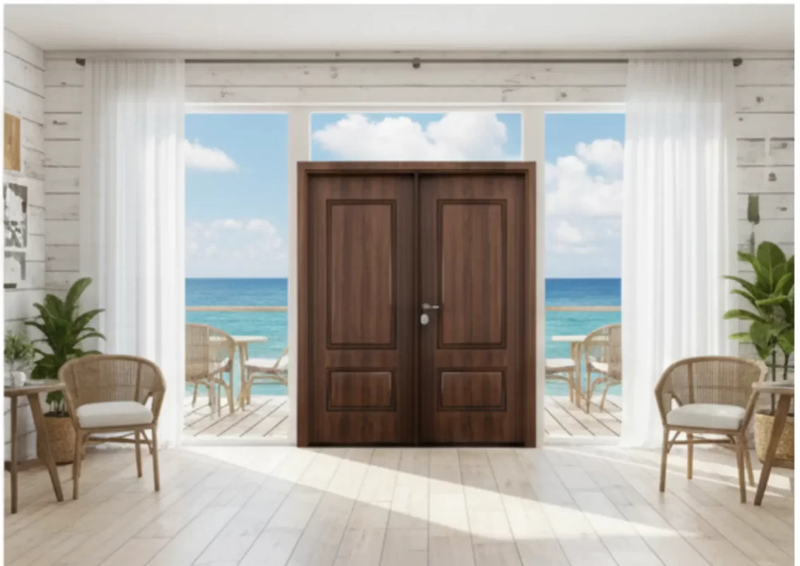 Cửa composite giả gỗ lắp đặt tại quán cafe view biển Nha Trang