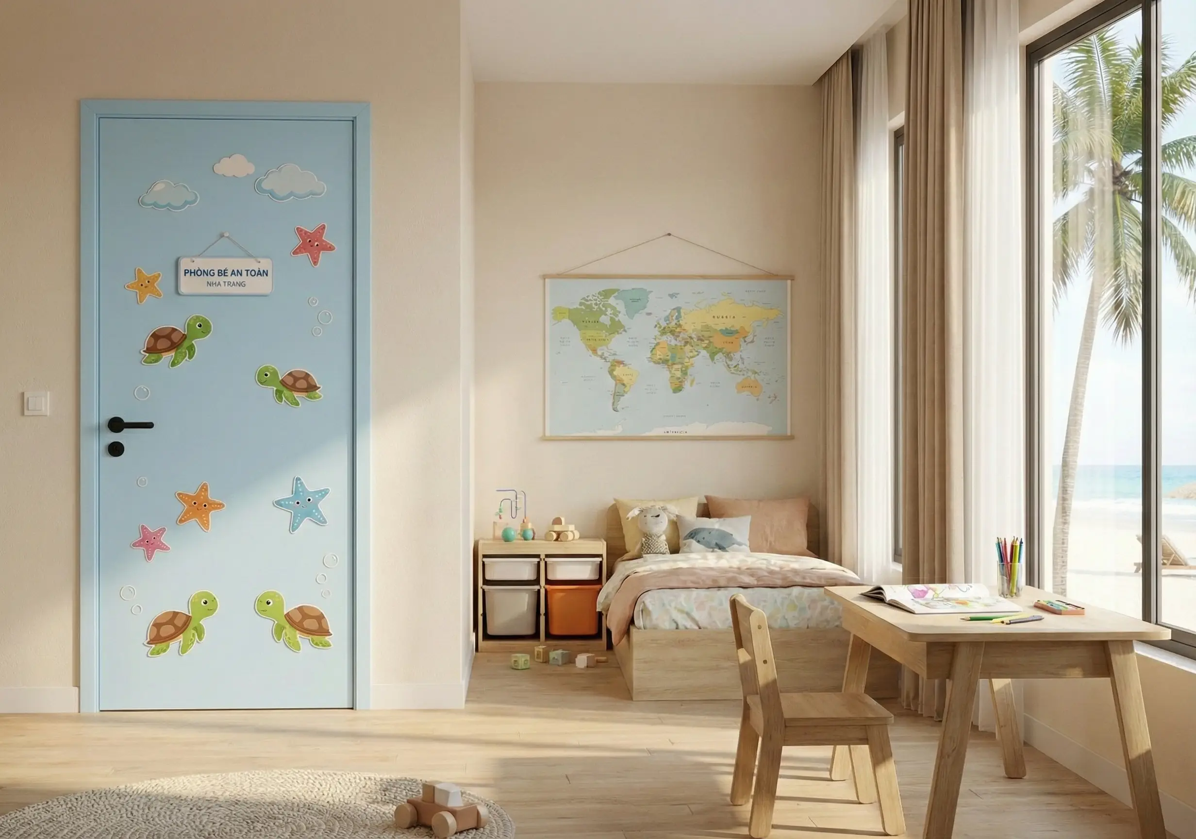 cửa composite phòng bé trong nhà phố ven biển