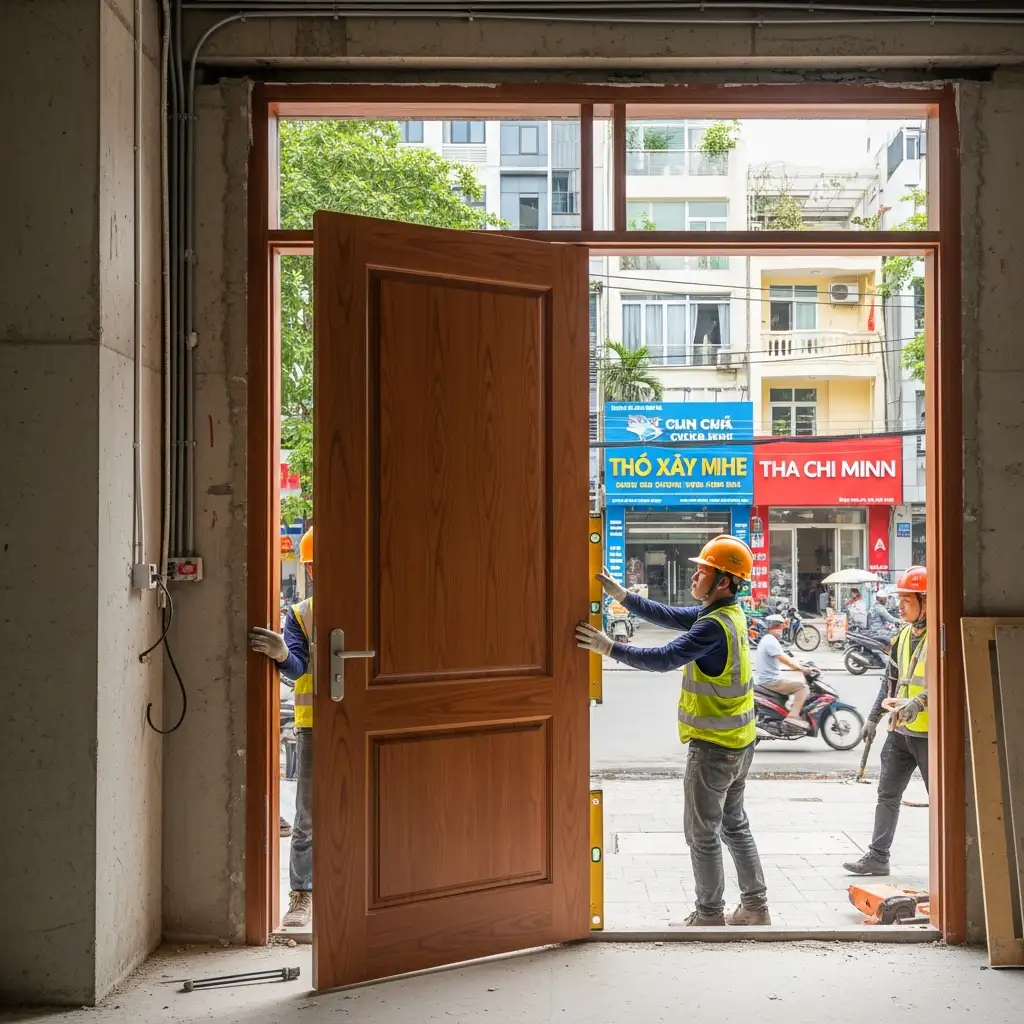 Cửa gỗ công nghiệp chống cháy lắp đặt tại công trình ở TPHCM