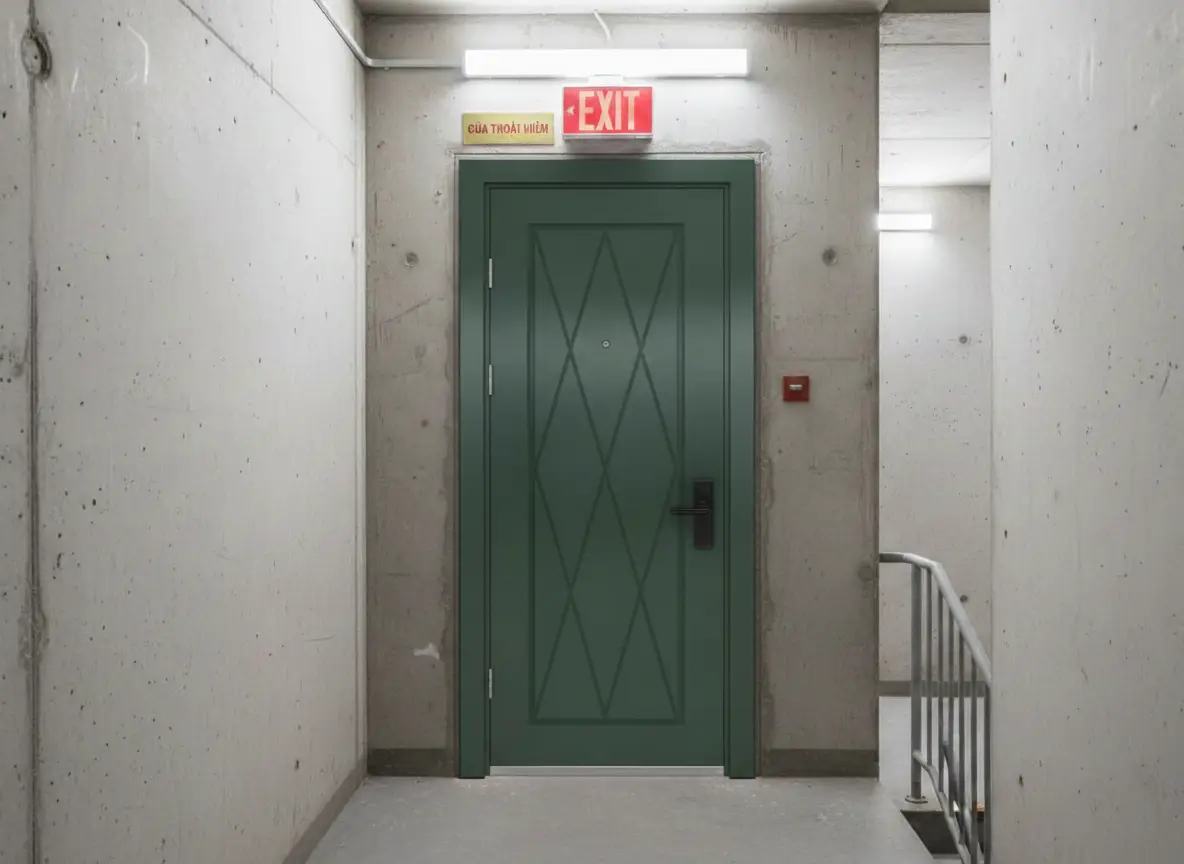 Mẫu cửa thép vân gỗ ngăn cháy sang trọng cho lối vào cầu thang nhà phố