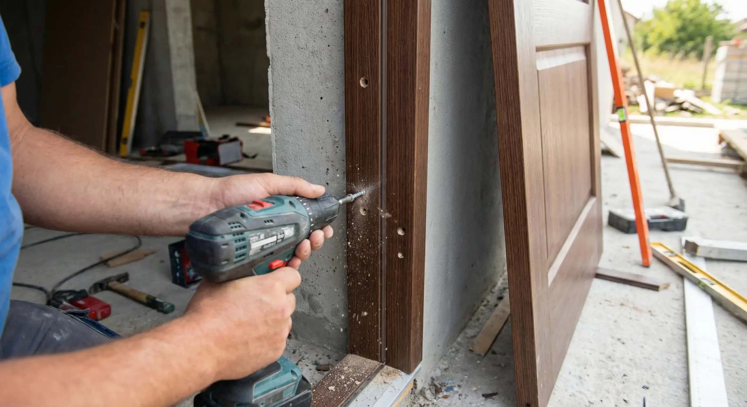 Lắp đặt cửa composite bằng phương pháp bắt vít nở cố định khung