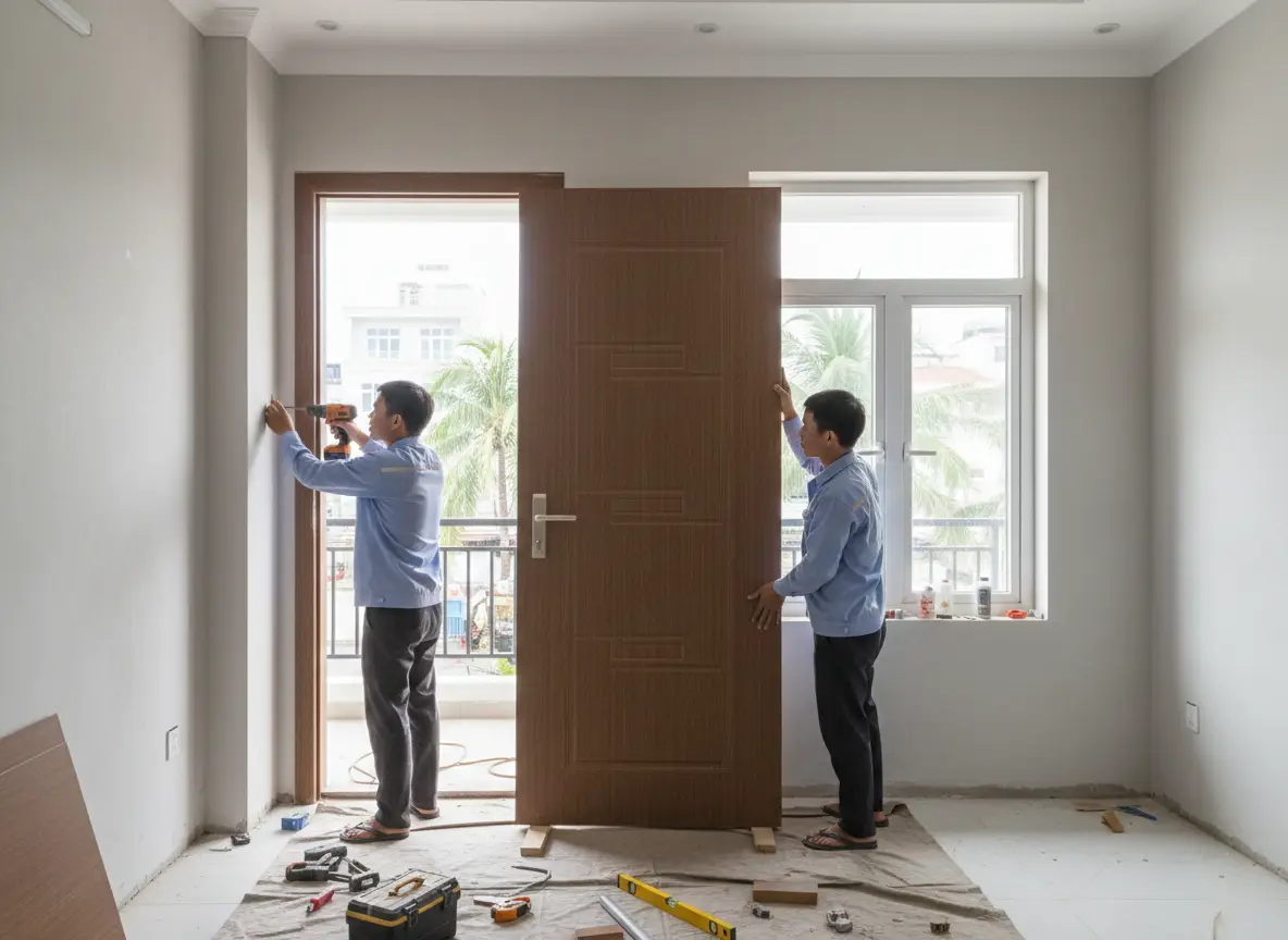 Thi công cửa composite cho mini hotel tại Nha Trang