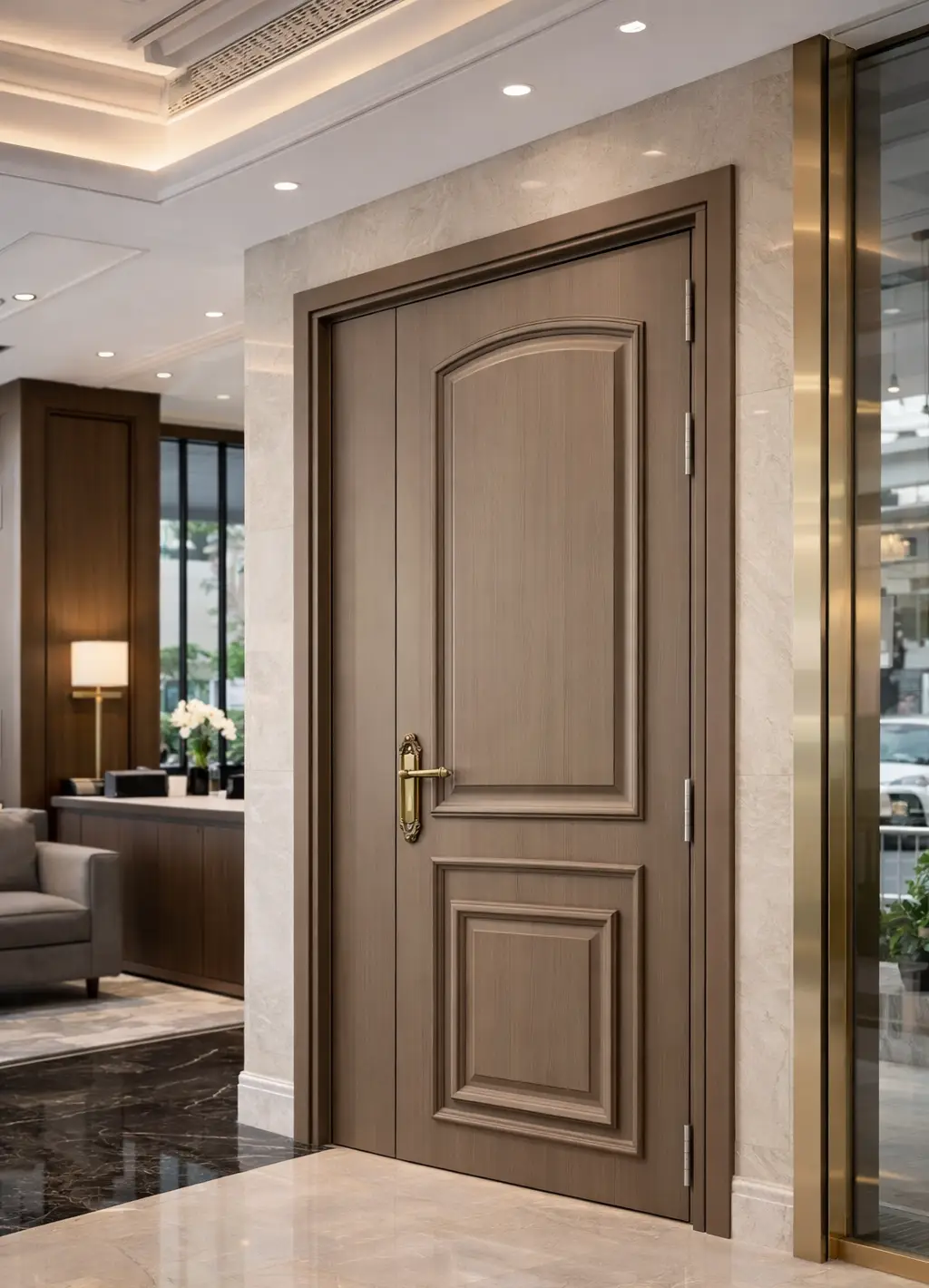 Bề mặt cửa nhựa giả gỗ phủ film PVC cao cấp chống bám bụi và dễ dàng vệ sinh cho mặt phố