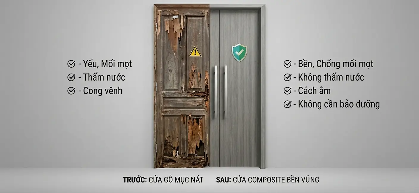Thực tế thay thế cửa gỗ mục nát bằng cửa composite tại nhà cũ Nha Trang
