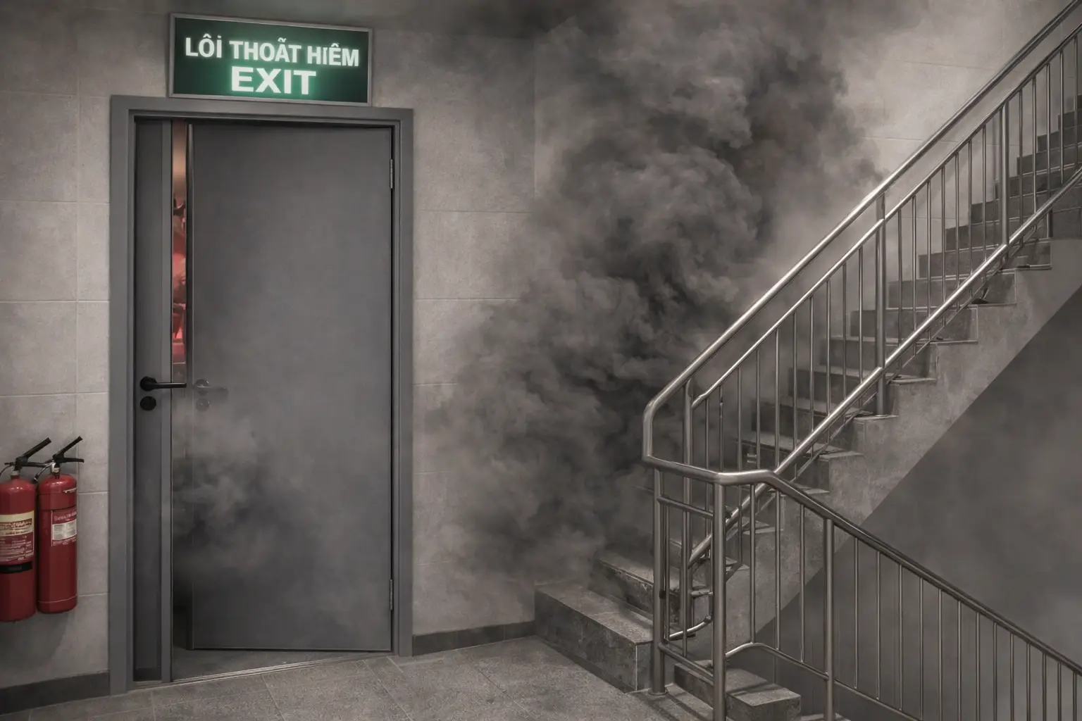 Cửa chống cháy ngăn chặn hiệu ứng ống khói và khí độc tràn vào thang bộ nhà cao tầng