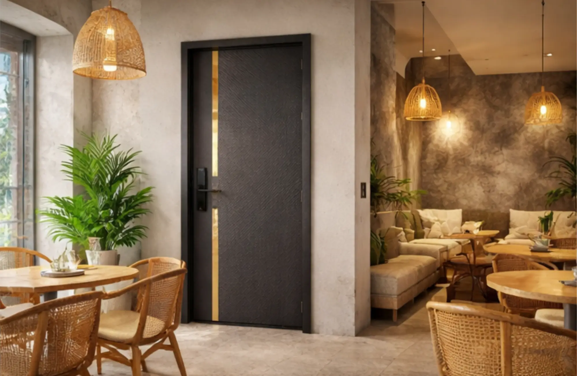 Mẫu cửa composite quán cafe hiện đại chống ẩm mặn tại Nha Trang