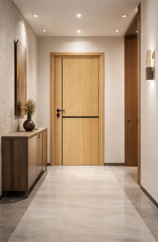 Cửa gỗ chống cháy lắp đặt tại sảnh hành lang chung cư hiện đại