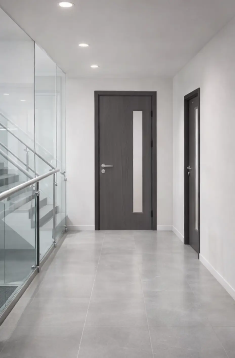 Cửa nhựa giả gỗ có ô kính lấy sáng cho hành lang văn phòng hiện đại tại Sài Gòn