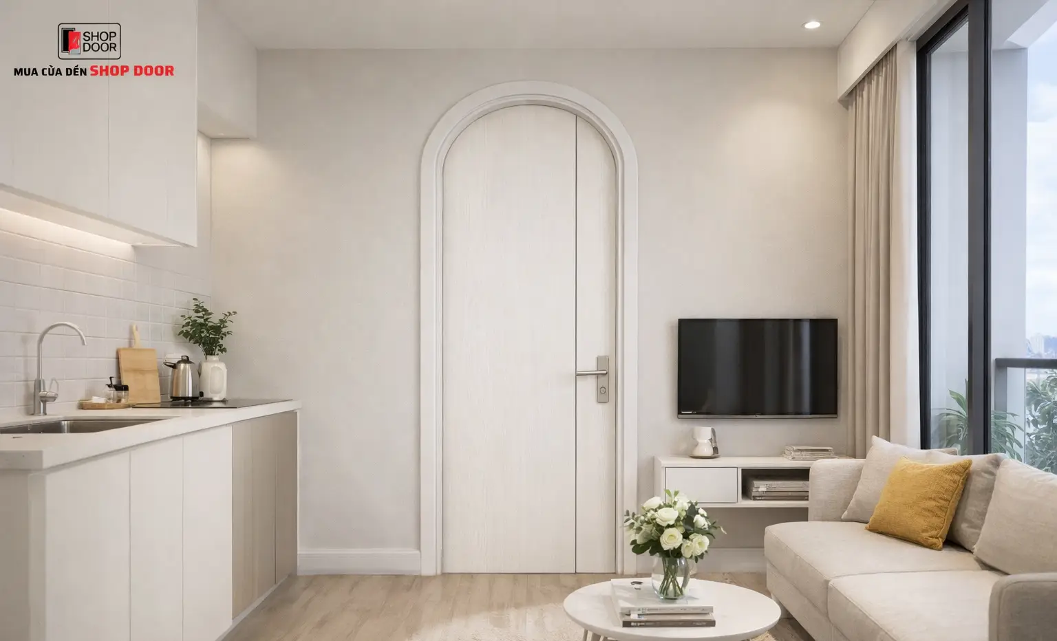 Cửa nhựa giả gỗ màu trắng hiện đại giúp mở rộng không gian phòng Studio tại Quận 4