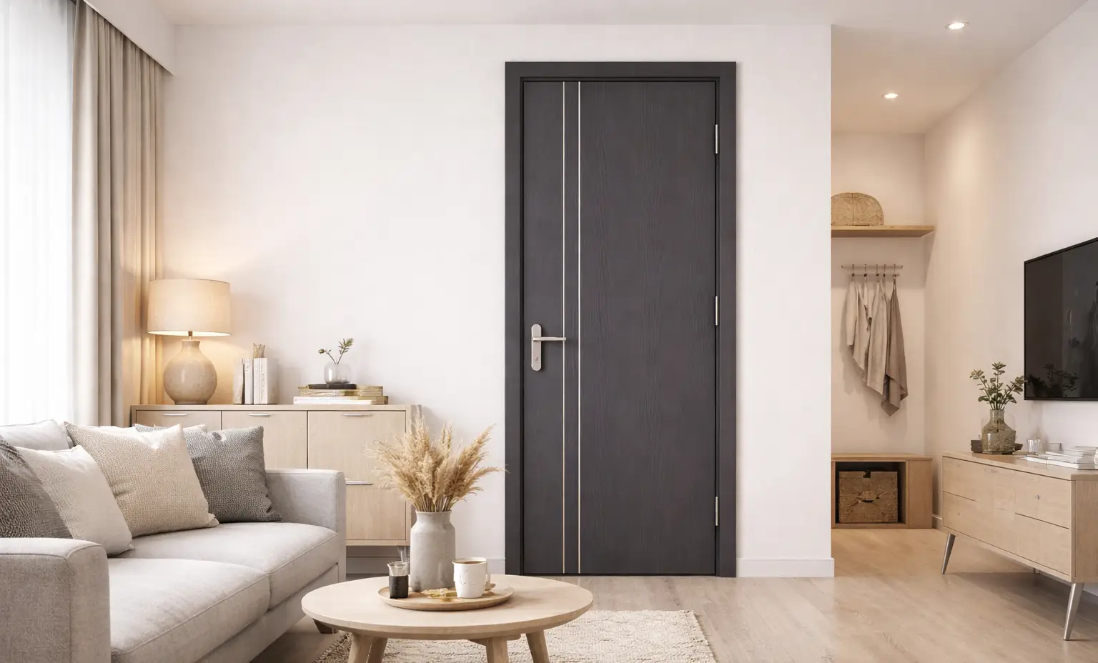 Cửa nhựa gỗ composite màu xám hiện đại phong cách Scandinavian cho căn hộ dịch vụ Bình Thạnh