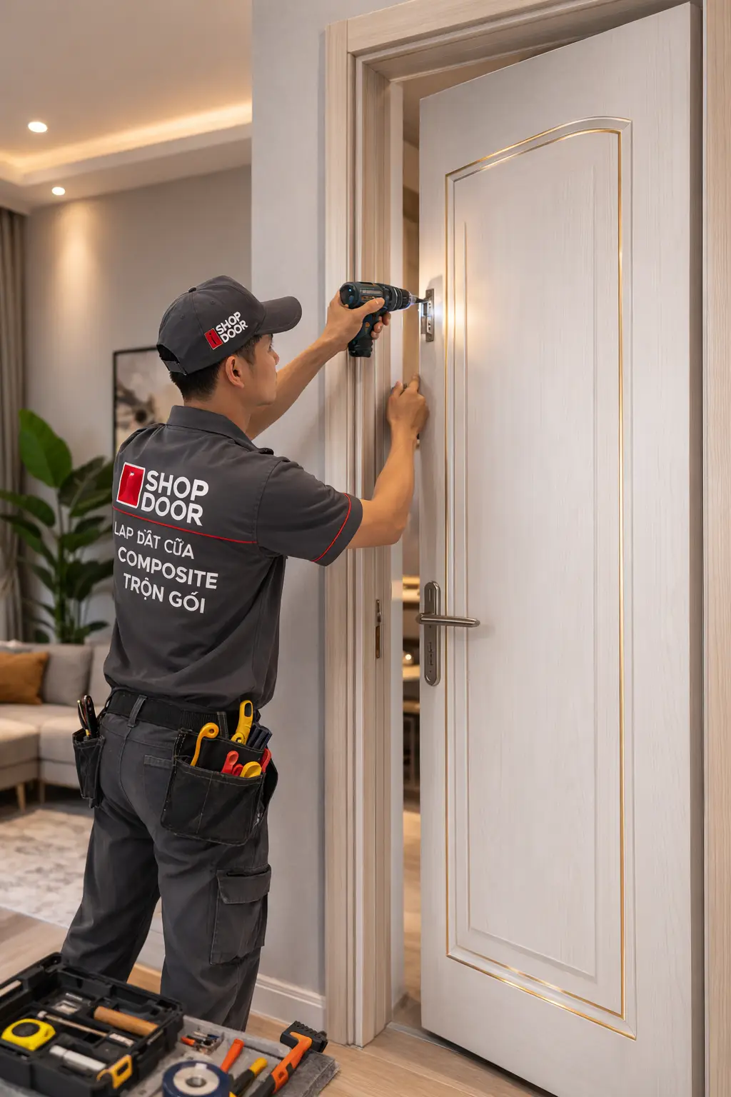 Đội ngũ Shopdoor thi công lắp đặt cửa composite trọn gói cho tòa nhà chung cư mini