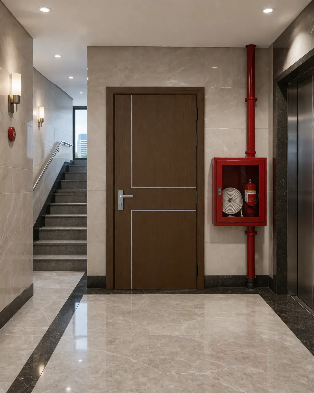 Lắp đặt cửa gỗ chống cháy 2 cánh kèm thanh thoát hiểm cho trung tâm thương mại