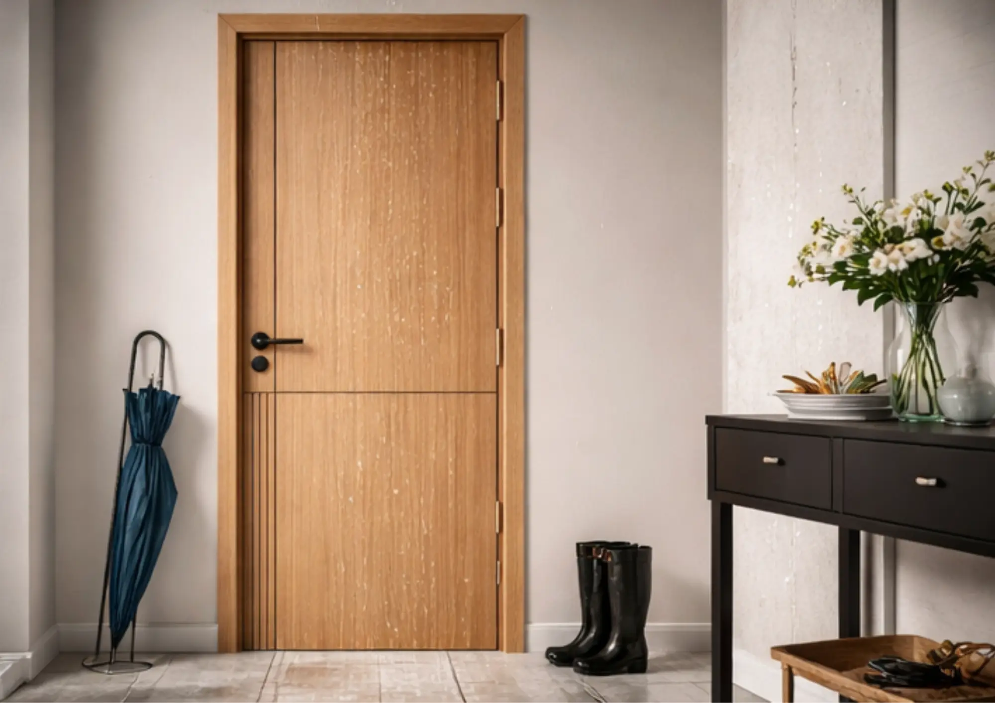 Mẫu cửa chống cháy homestay thiết kế vân gỗ sang trọng phù hợp với không gian nhỏ