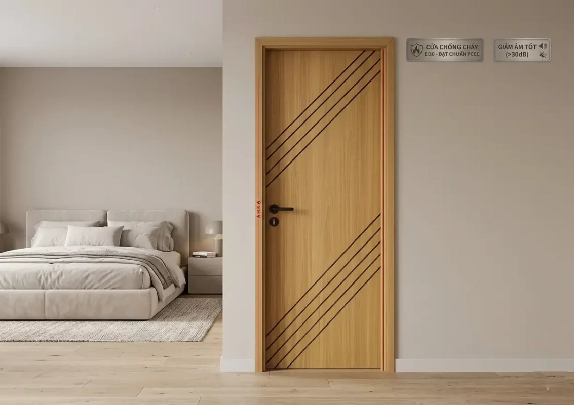 Mẫu cửa chống cháy phòng ngủ vân gỗ vừa an toàn vừa yên tĩnh