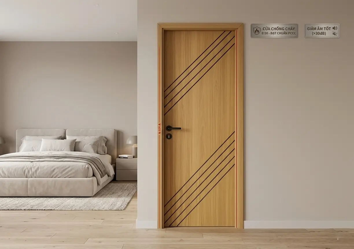 Mẫu cửa chống cháy phòng ngủ vân gỗ vừa an toàn vừa yên tĩnh