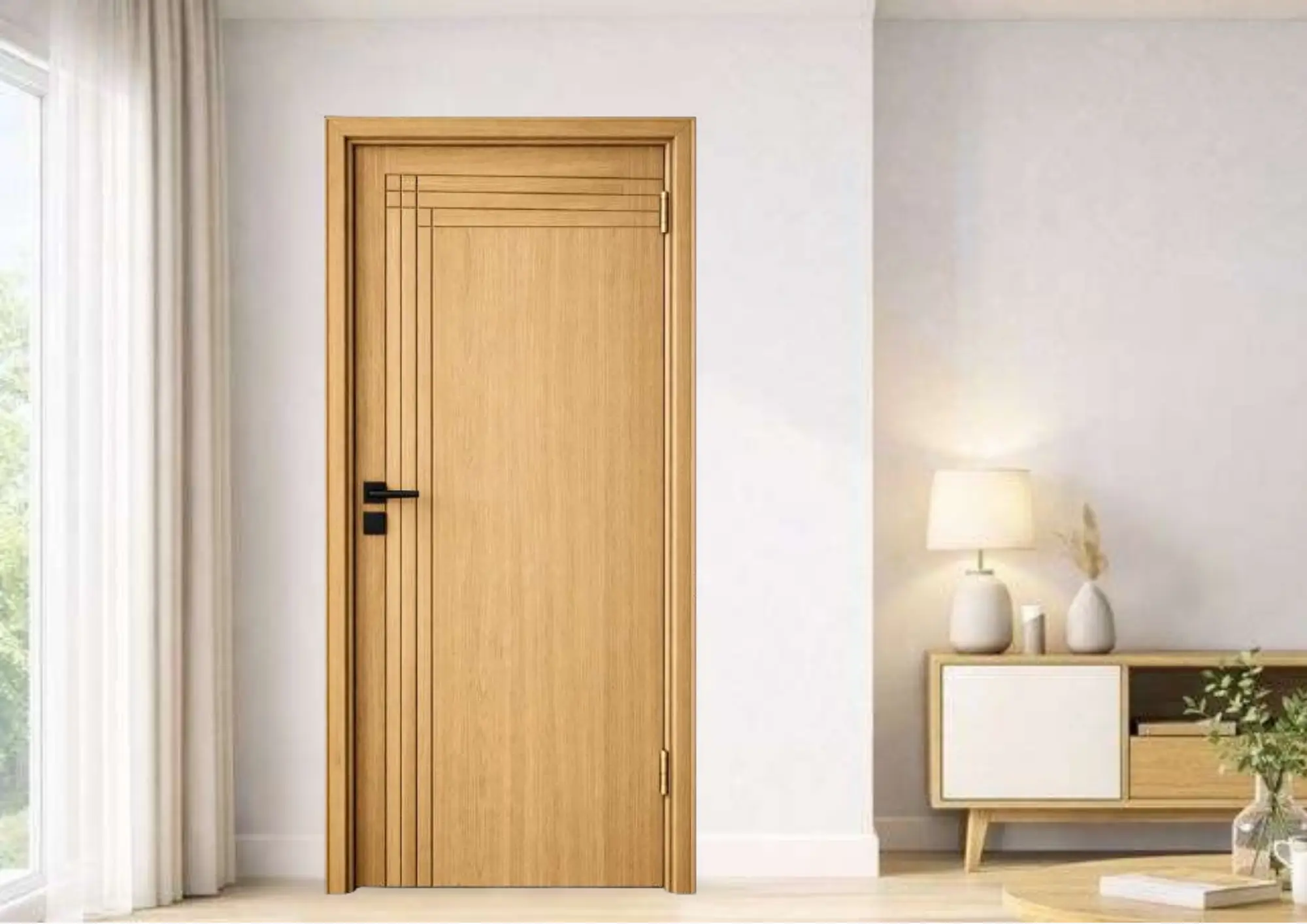 Mẫu cửa composite đẹp soi chỉ CNC hiện đại là điểm nhấn nội thất cho chung cư mini