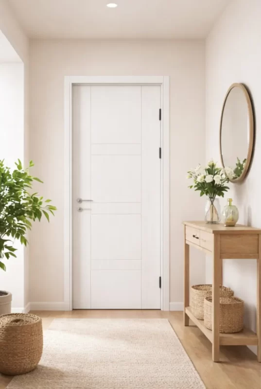 Mẫu cửa composite TPHCM cho nhà phố trong hẻm nhỏ màu trắng sữa nới rộng không gian