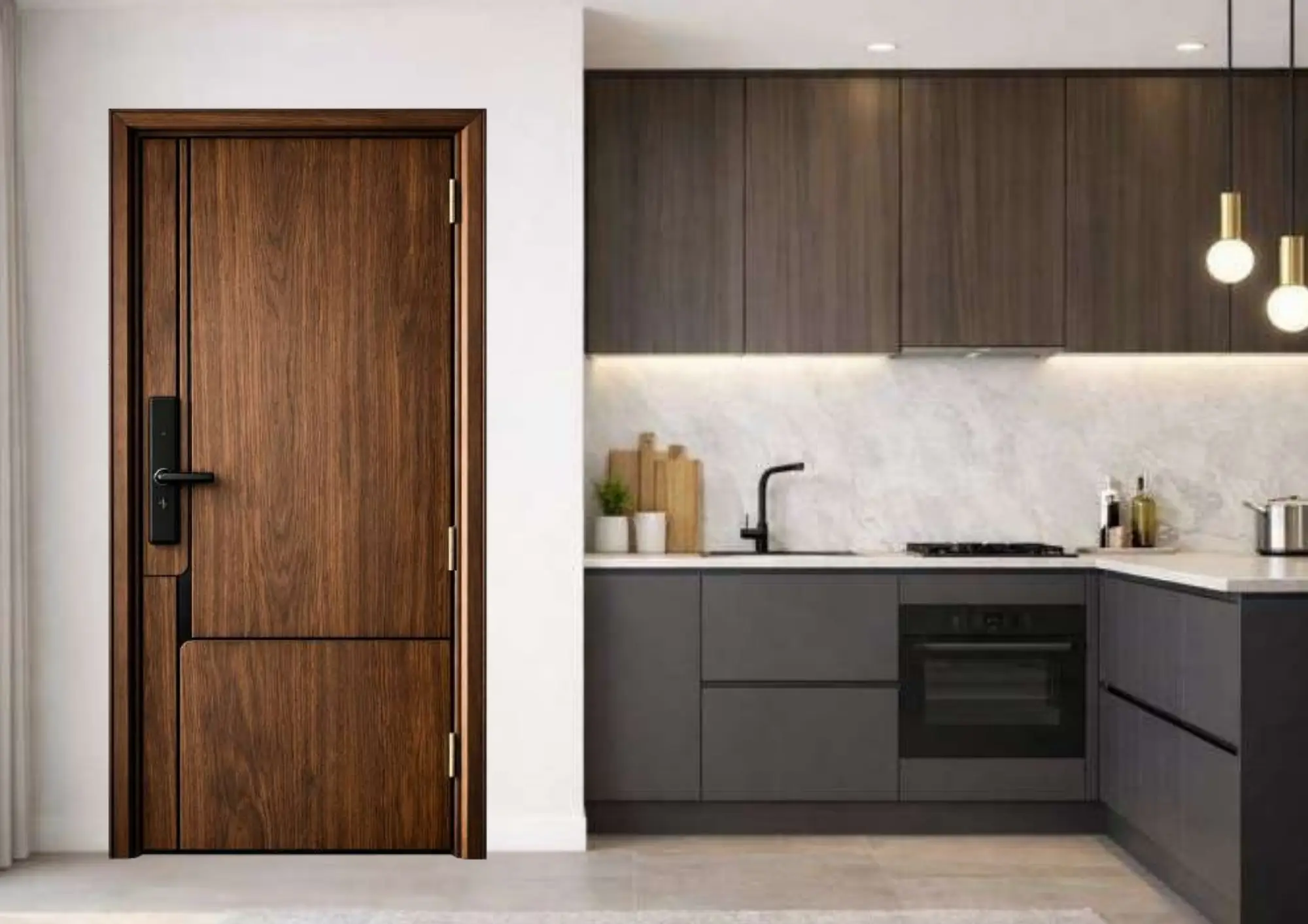 Mẫu cửa nhựa composite vân gỗ cao cấp với phụ kiện Inox 304