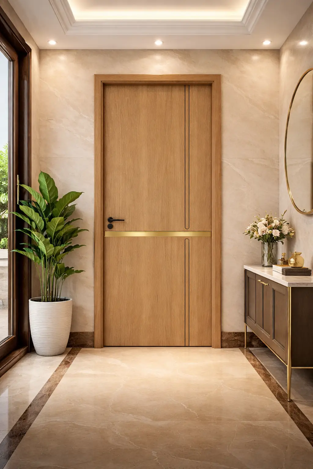 Mẫu cửa thép vân gỗ chống cháy sang trọng lắp đặt cho cửa chính nhà phố