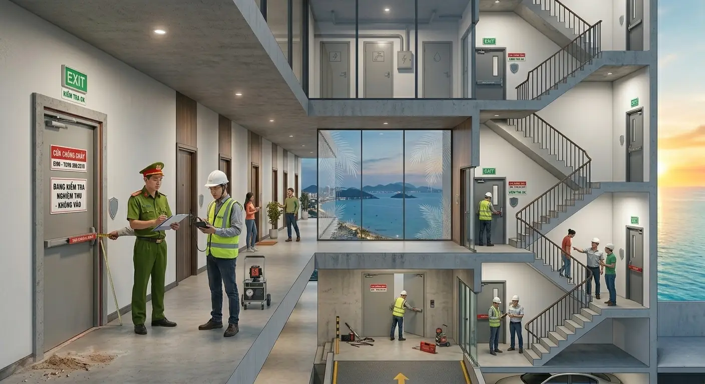 Kiểm tra nghiệm thu thực tế cửa chống cháy tại lối thoát hiểm thang bộ