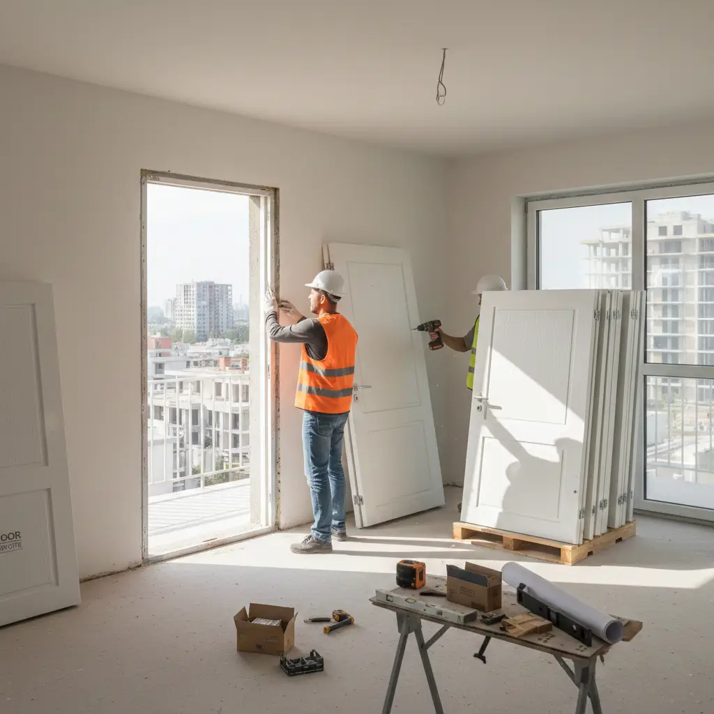 Nhân viên kỹ thuật khảo sát và lắp đặt cửa composite tận nơi tại công trình Sài Gòn