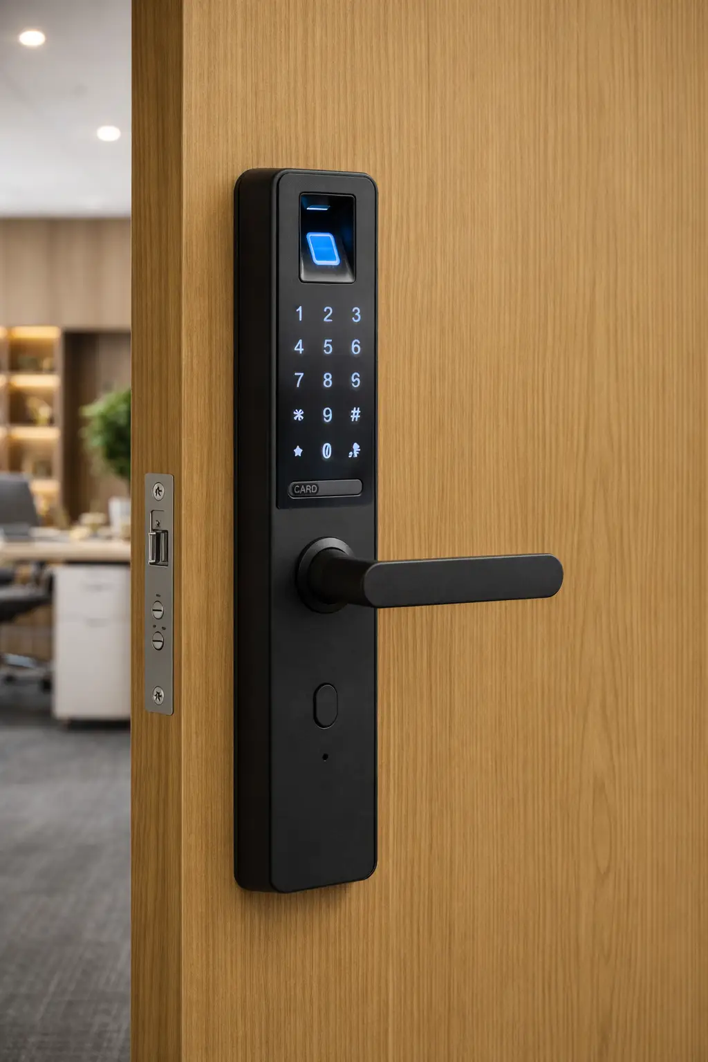 Phụ kiện khóa điện tử hiện đại tích hợp trên cửa gỗ nhựa composite