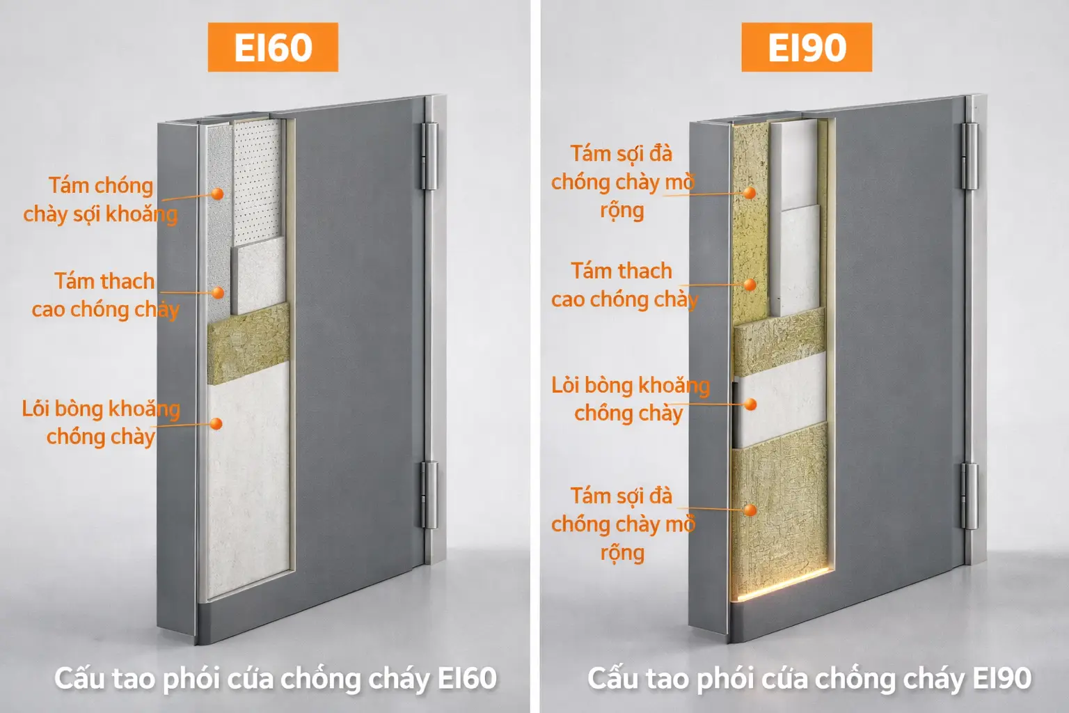 So sánh cấu tạo phôi cửa chống cháy EI60 và EI90 về độ dày thép và mật độ vật liệu cách nhiệt