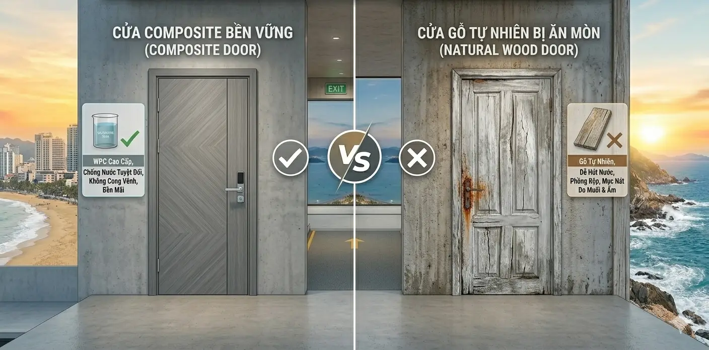 So sánh độ bền cửa gỗ tự nhiên và cửa composite tại môi trường biển Nha Trang