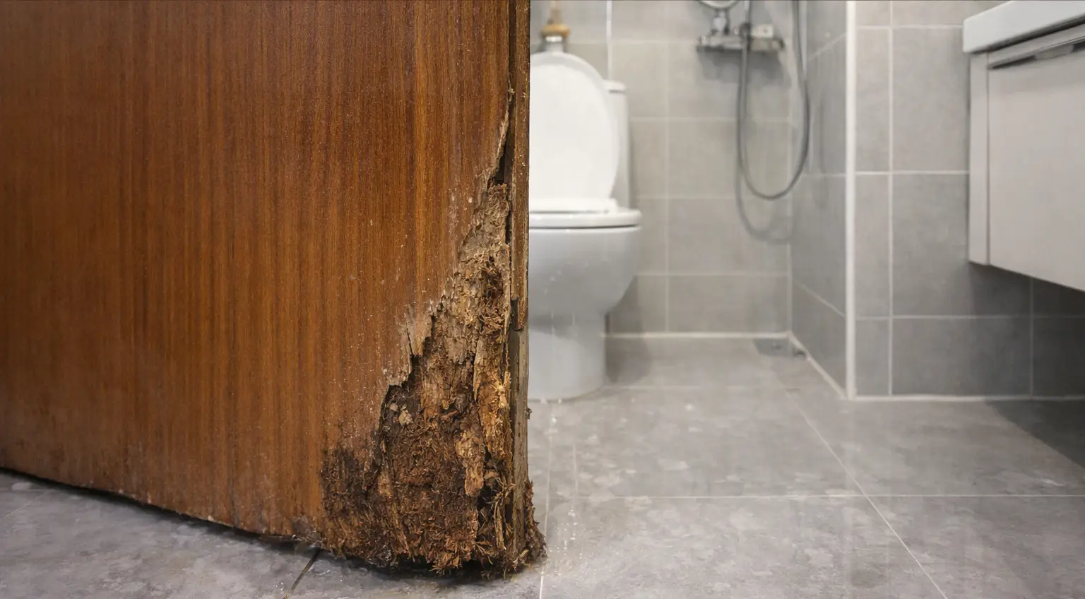 Tình trạng cửa gỗ bị mục nát và trương nở do hơi ẩm trong nhà vệ sinh