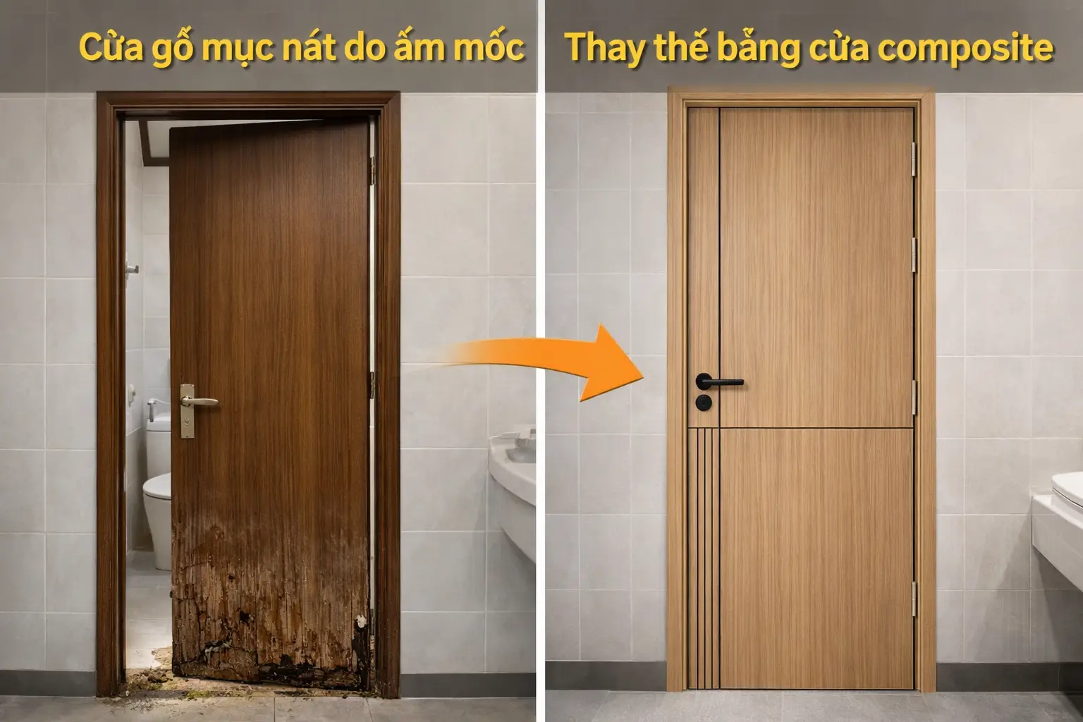 Tình trạng cửa gỗ nhà vệ sinh bị mục nát do ẩm mốc và giải pháp thay thế bằng cửa composite