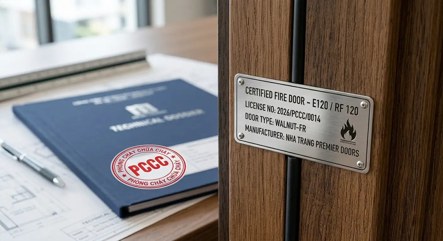 Giấy chứng nhận và tem kiểm định PCCC cho cửa gỗ chống cháy EI90 Shopdoor